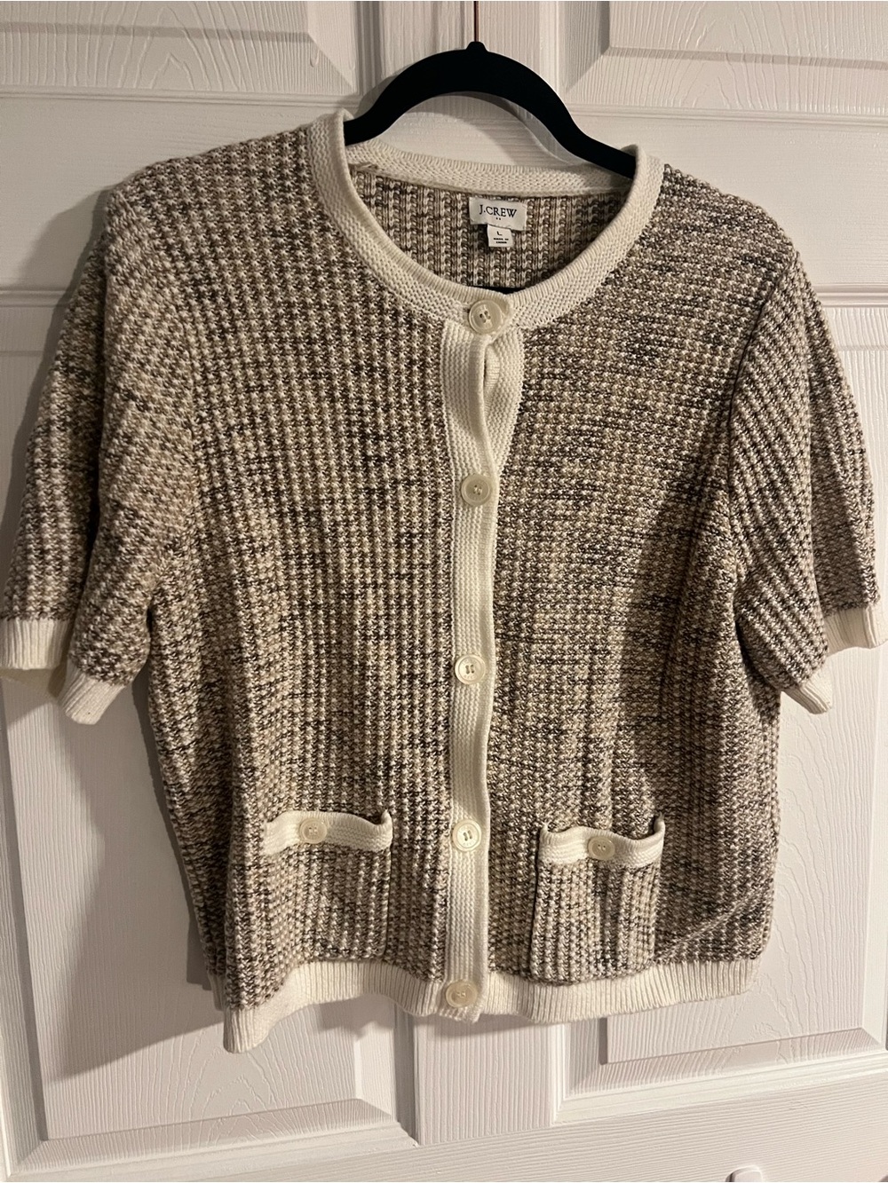 J. Crew Cream and Brown Short-Sleeve Textured Cardigan